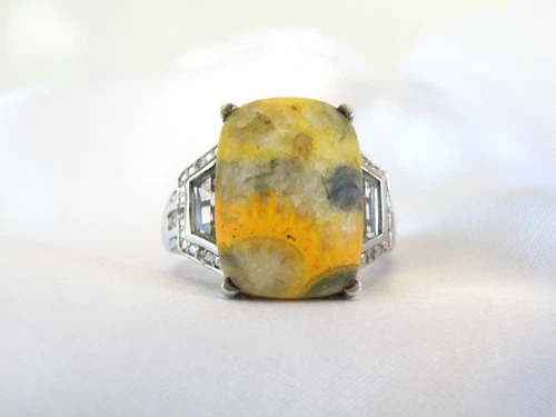Vintage Sterling Silver 925 Large Bumble Bee Jasper Diamond Accent Ring Size 11