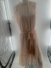 Ann Taylor Blush Pink Mock Neck Chiffon Midi Dress Flutter Sleeve Belted Size L