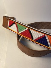 Vintage Native American Hand Beaded Multicolored Cowhide Leather Belt Large