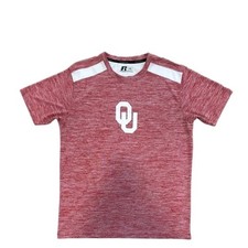 Russell OU Sooners Men’s T-Shirt Size M (35-40) Red White Short Sleeve Poly EUC