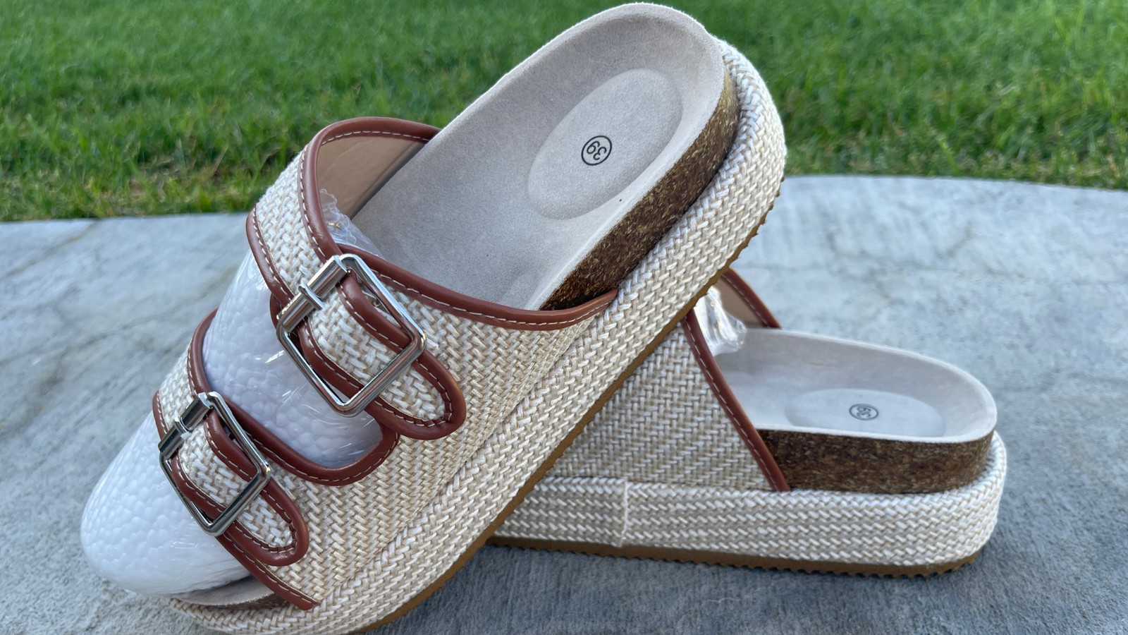 SAOLA Pantofole da esterno beige in lino con doppia fibbia cinturino suola spessa