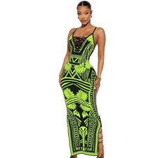 Fashion Nova Lime Green & Black Bandage Maxi Dress Lace-Up Front | Size M | NWT