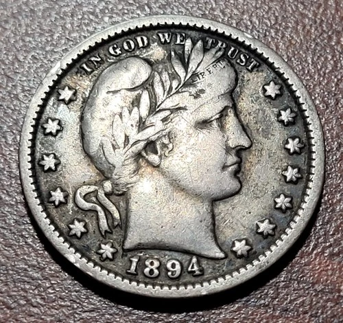 1894 Barber Quarter VF+ Original Toning No Issues 19th Century Silver Type Coin