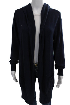 Repeat Womens Long Sleeve Open Front Hooded Cardigan Sweater Navy Cotton Large