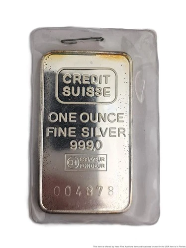 Certified Assayer Signature Credit Suisse One Ounce Fine Silver Bar 999 004878