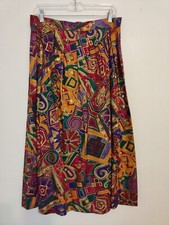 Vtg 80s Midi Skirt Geo Abstract Wax Print Pleated Purple Gold Pink Green Sz M/L