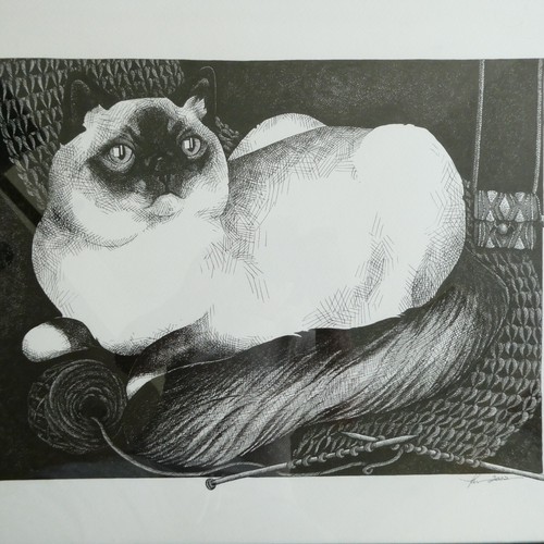 Siamese Cat with Knitting Yarn Signed Pen and Ink Framed Black White 2002 - Picture 2 of 9