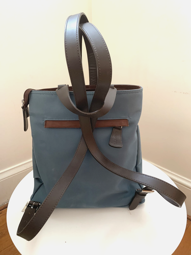 LANCEL Blue Nylon Backpack with Silver-tone hardware and Brown Leather straps