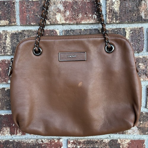 DKNY Leather Purse Chain Logo Brown Soft Leather Medium Size FLAW - Picture 2 of 11