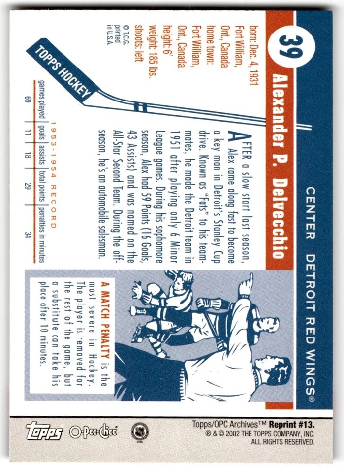 Alex Delvecchio 2001-02 Topps / O-Pee-Chee Archives #13 Detroit Red Wings - Image 2 of 2