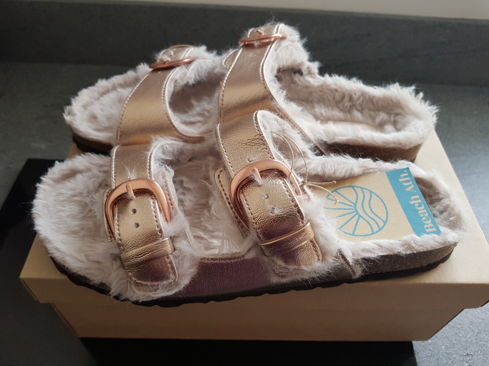 PANTOFOLA D’ORO Pantofole Sandali Beach Athletics Donna Calin Vegan Oro Rosa Metallizzato UK 7