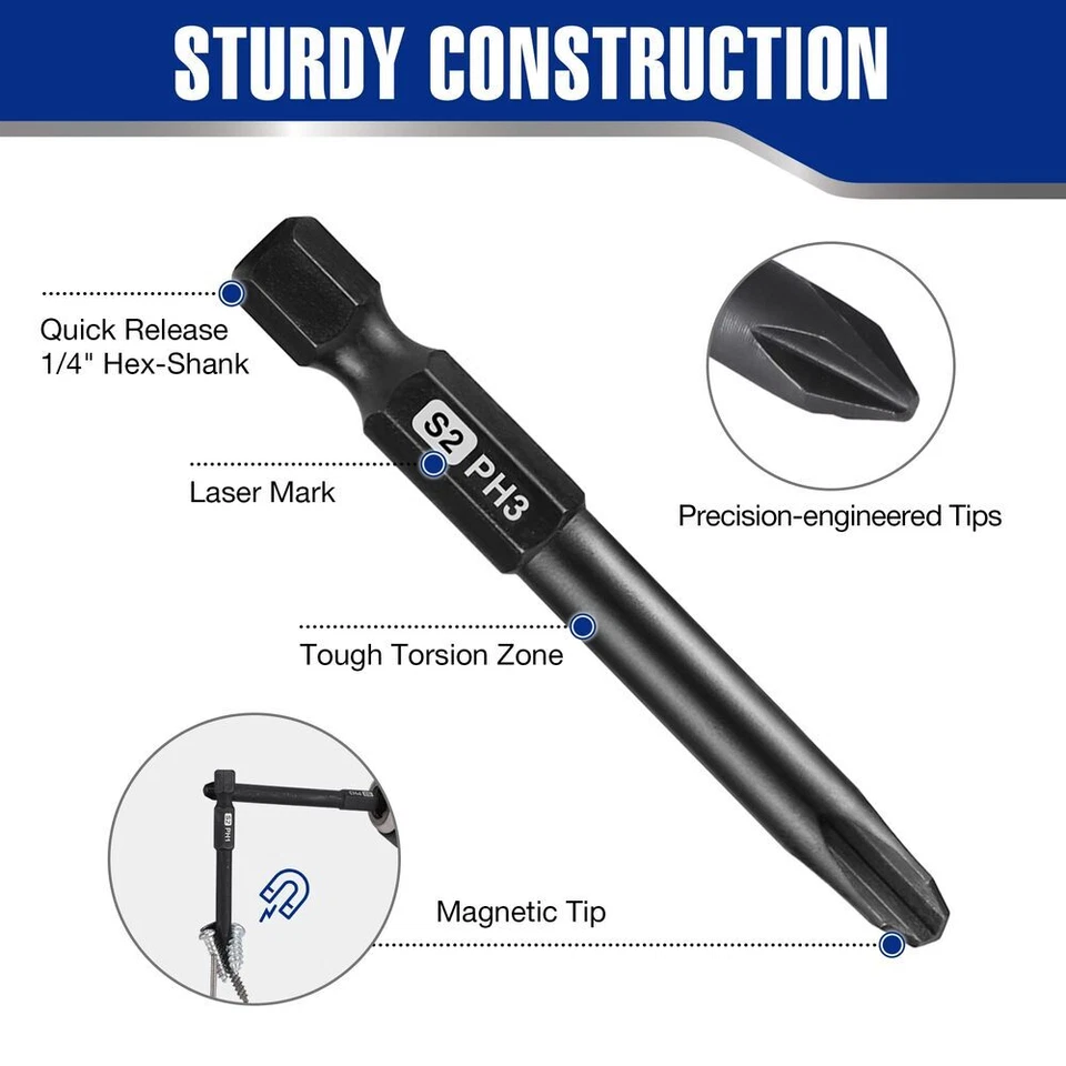 WORKPRO 10PC Magnetic Slotted Phillips Screwdriver Bit 1/4" Hex Shank Driver Bit - Image 3 of 4