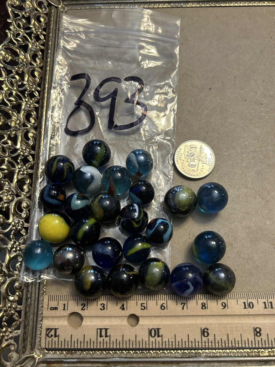Vintage Marbles Lot Of 25 Fluorescent Blue With Multi Color Swirls
