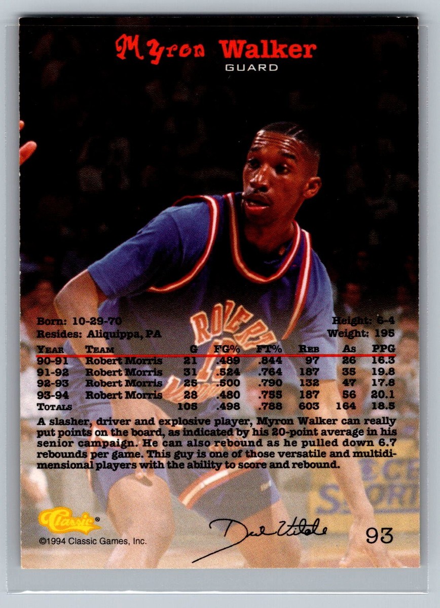 1994 Classic Basketball #93 Myron Walker Robert Morris Colonials