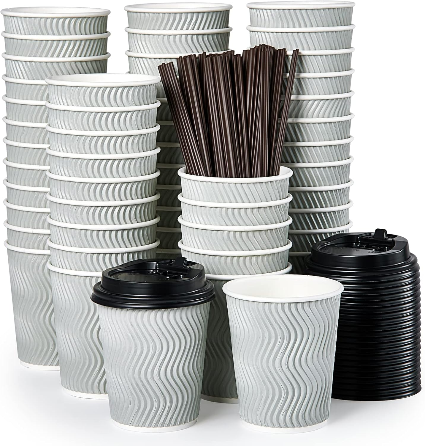 8 Oz Disposable Coffee Cups, Paper Coffee Cups with Lids & Straws, 100 Count Ins