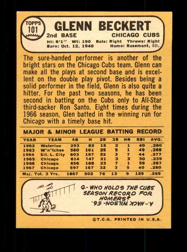 1968 Topps #101 Glenn Beckert NM - Picture 2 of 2