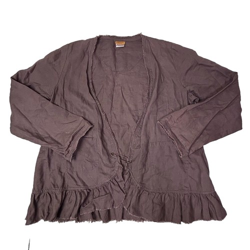 Cheyenne 100% Linen Cardigan Jacket Womens S/M Lagenlook Boho Ruffle Raw Hem EUC