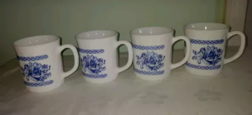 4 Cup Set Arcopal Honorine France Blue & White Milk-Glass Mugs 
