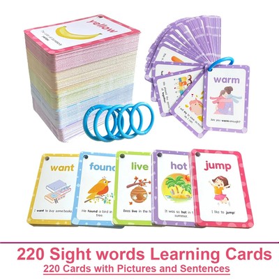 220 Sight Words Flashcards with Pictures and Sentences, 5 Levels High Frequency