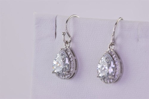 Sterling Silver 12mm x 9mm Cubic Zirconia Halo Teardrop Hook 925 Earrings - Picture 3 of 5