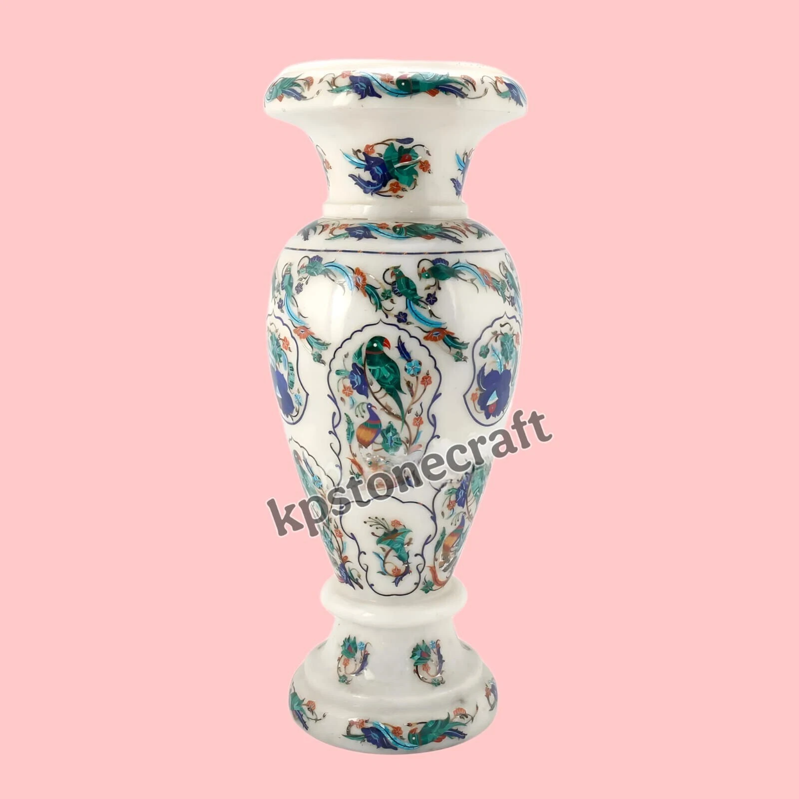16-Inch White Marble Flower Vase with Malachite Inlay – Handcrafted Peacock