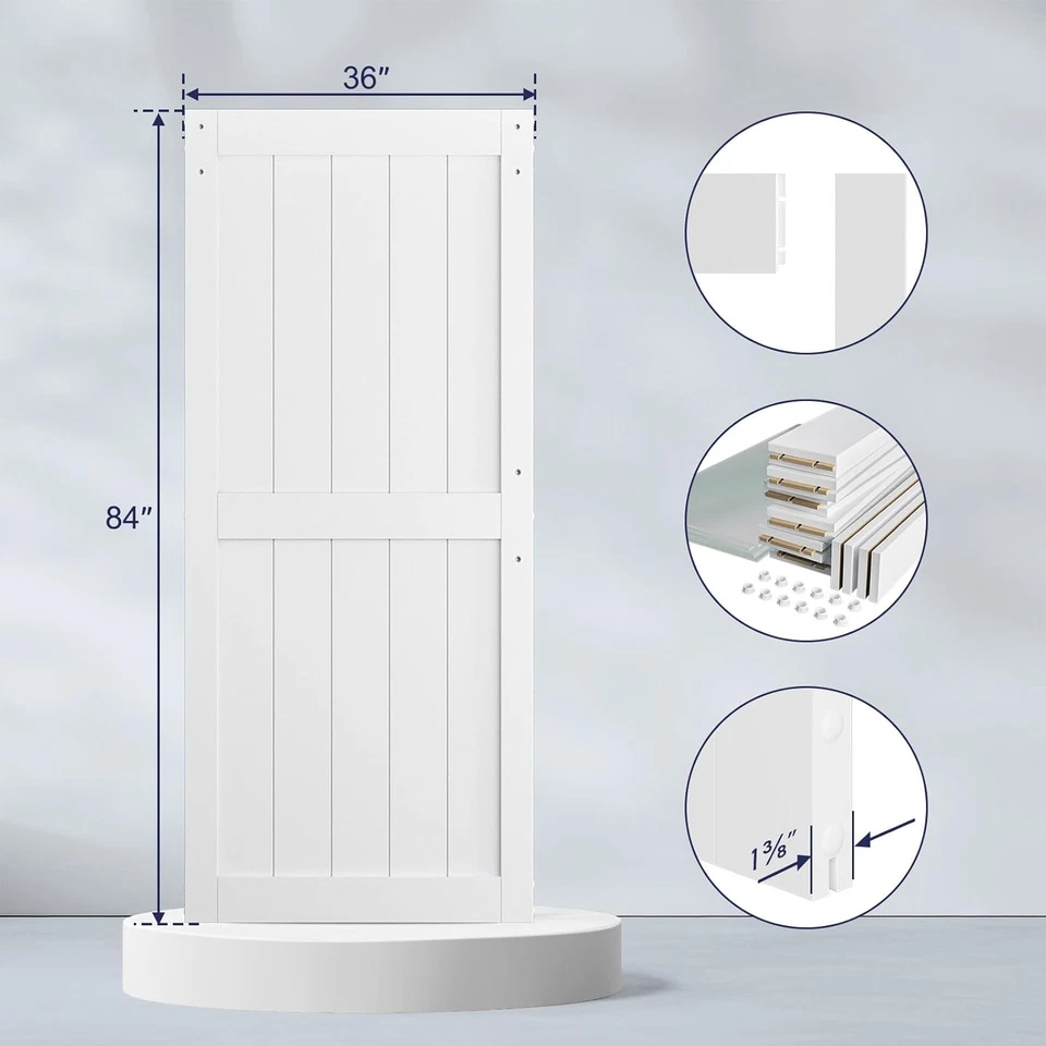 Puerta corredera de granero de MDF blanca 36 X 84 pulgadas con herrajes para puertas correderas negras de 6,6 pies Foto 3 de 4