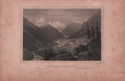 Stahlstich 1856: RHEINWALD GLETSCHER von Joh. Poppel Canton Graubünden