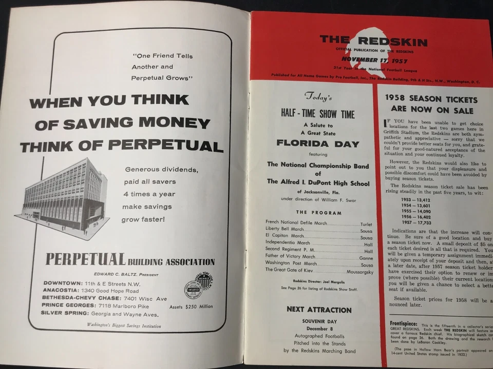 17 de noviembre 1957 Programa Redskins Vs Browns Jim Brown temporada RC, ¡30-30 juego de empate! Foto 2 de 4