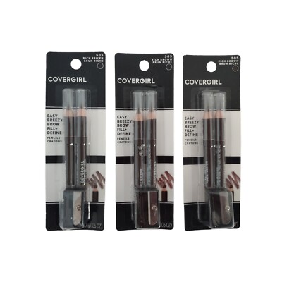 Covergirl Easy Breezy Brow Fill+Define Pencils+Sharpener #505 Rich Brown 3Pack