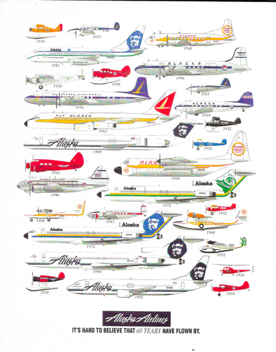 ALASKA AIRLINES Aircraft Fleet Chart 1934-1992 8 1/2in x 11in