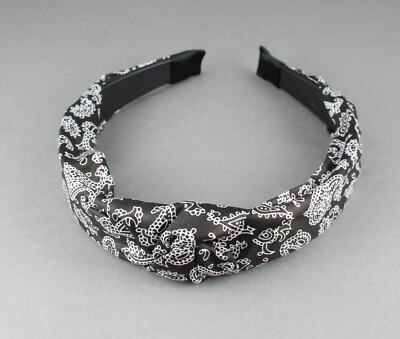 Black White turban knot headband bandana paisley fabric covered band grip teeth