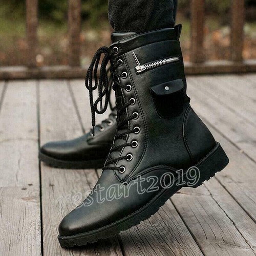 Mens Lace up Punk Military Boots Combat Knight Mid Calf Shoes Zipper Pocket 2021 - Picture 11 of 14