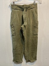 Free People Tahiti Cargo Pant Women 2 Sage Green Cuffed Crop Button Fly Belted