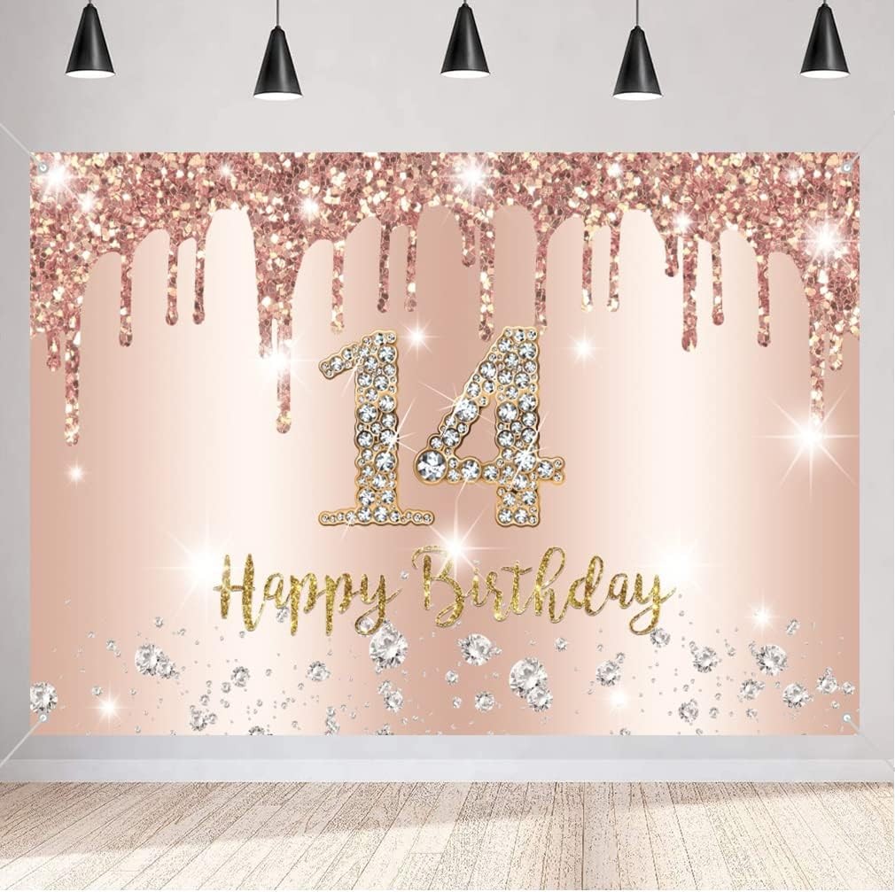 Happy 14th Birthday Decorations Backdrop Banner for Girls Happy 14 Years Old Pa