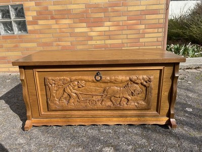 Vintage Eichen-Sitztruhe 50er/60er Jahre massiv Bauernmotiv