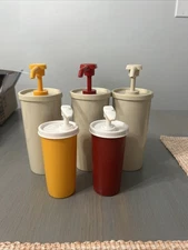 Vintage Tupperware Condiment Set - Ketchup Mustard Mayo Pump Dispensers