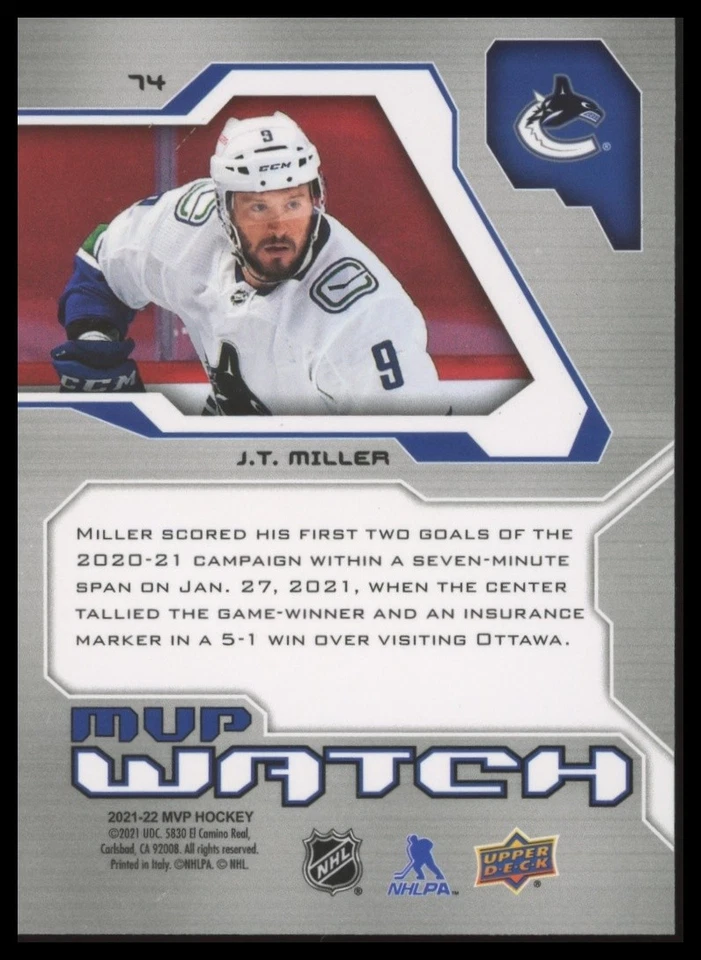 2021-22 Upper Deck MVP #74 J.T. Miller 20th Anniversary - Image 2 of 2