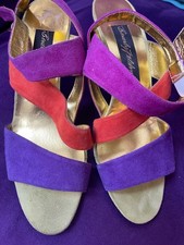 Multi coloured bright suede ankle strap open shoes. Orange purple green blue