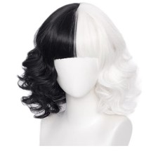 Cruella Wavy Black & White Two Colour Wig Half Short Wavy Party Halloween Fancy
