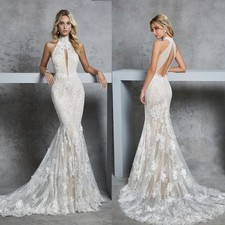 Lace Mermaid Wedding Dress High Neck Backless Applique Sleeveless Bridal Gown