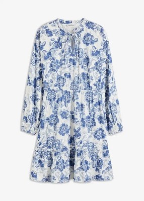 Satin-Kleid Gr. 38 Blau Weiß Floral Mini-Dress Langarm Freizeitkleid Neu