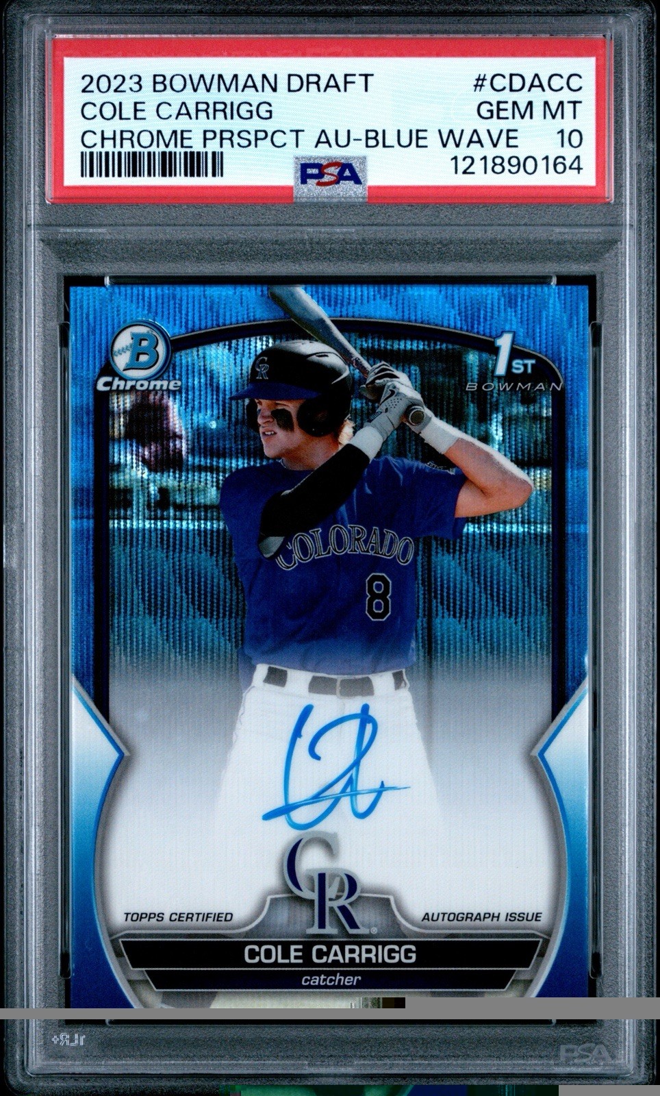 Cole Carrigg 2023 Bowman Draft- Bowman 1st Blue Wave Refractor /150 AUTO- PSA 10
