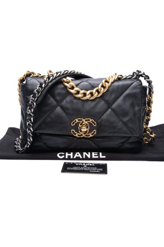 CHANEL Black Goatskin Quilted Chanel 19 Flap Bag