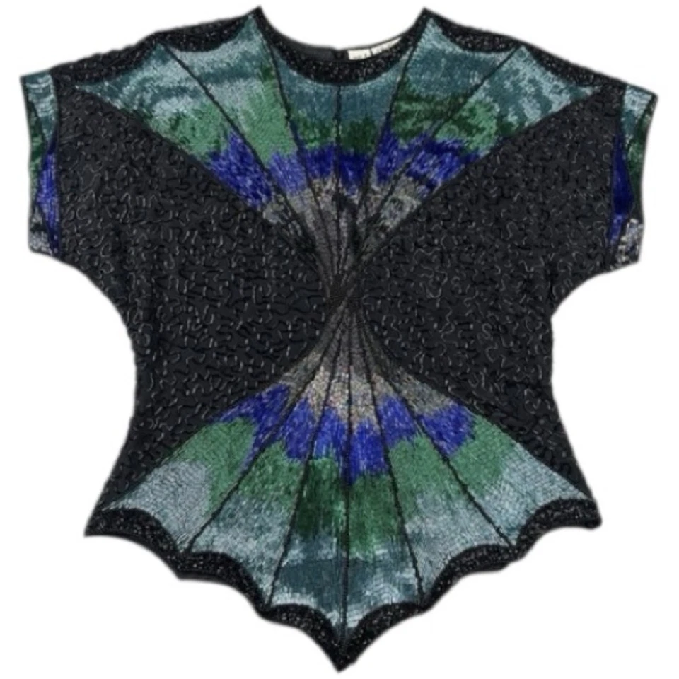 Chaqueta Blusa OLEG CASSINI Vintage Años 80’s Mujer’s S Negra Verde Azul Seda Cuentas Foto 2 de 4