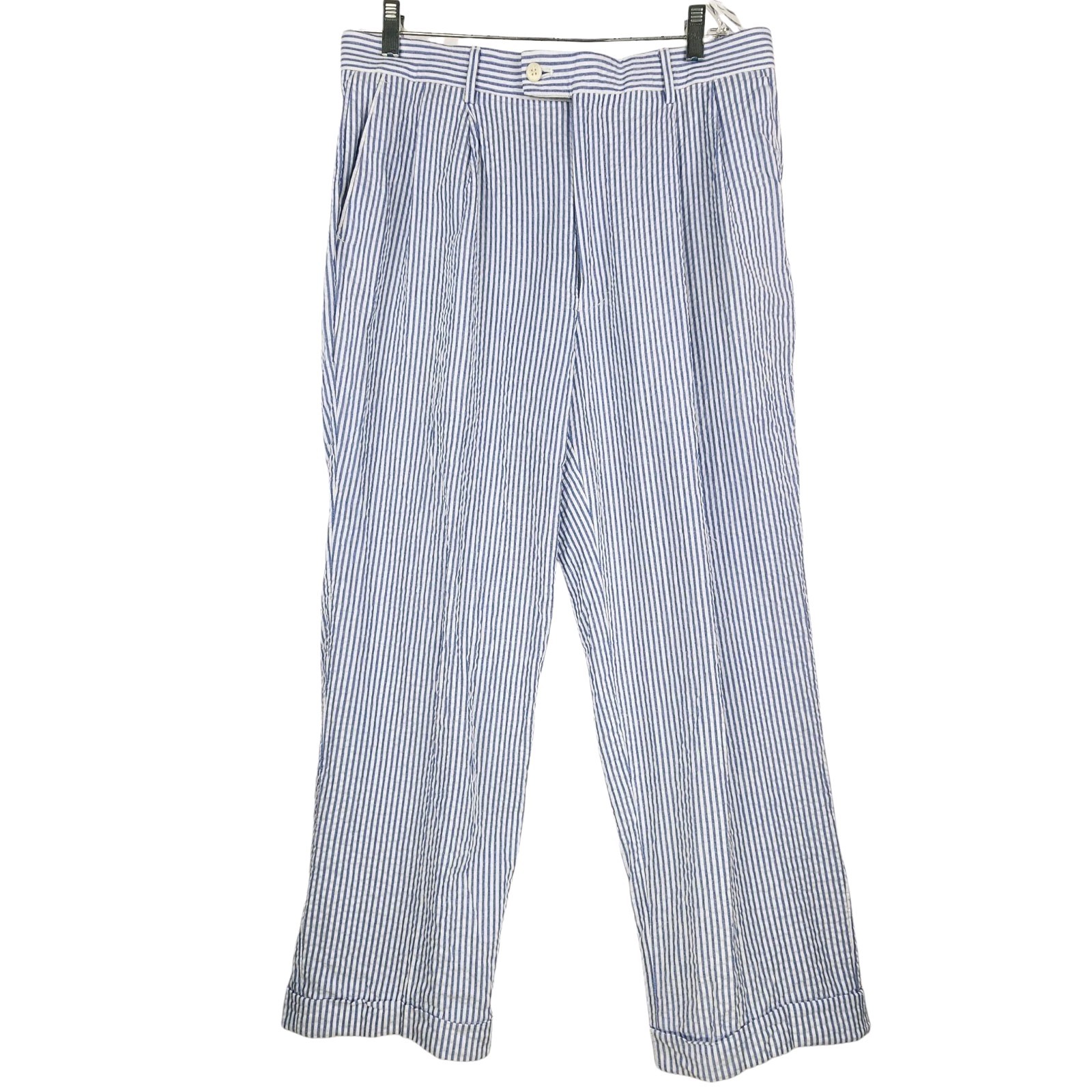 Joseph & Feiss 100% Cotton Seersucker Pleated Pants 34/30 Striped Dress Trousers