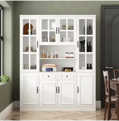 FUFU&GAGA White Wood 63 in. Kitchen Cabinet With Glass Doors, Adjustable Shelves