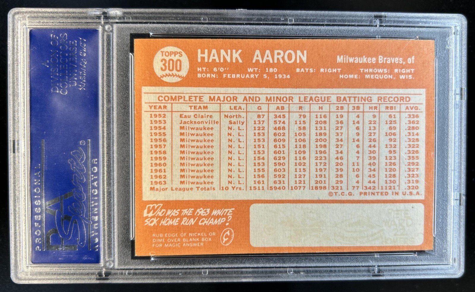 1964 Topps Hank Aaron #300 PSA 7 view 2
