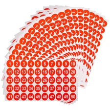 20 Sheets Round Number Stickers, 1-50 Consecutive Number Labels, Red(1" Each)
