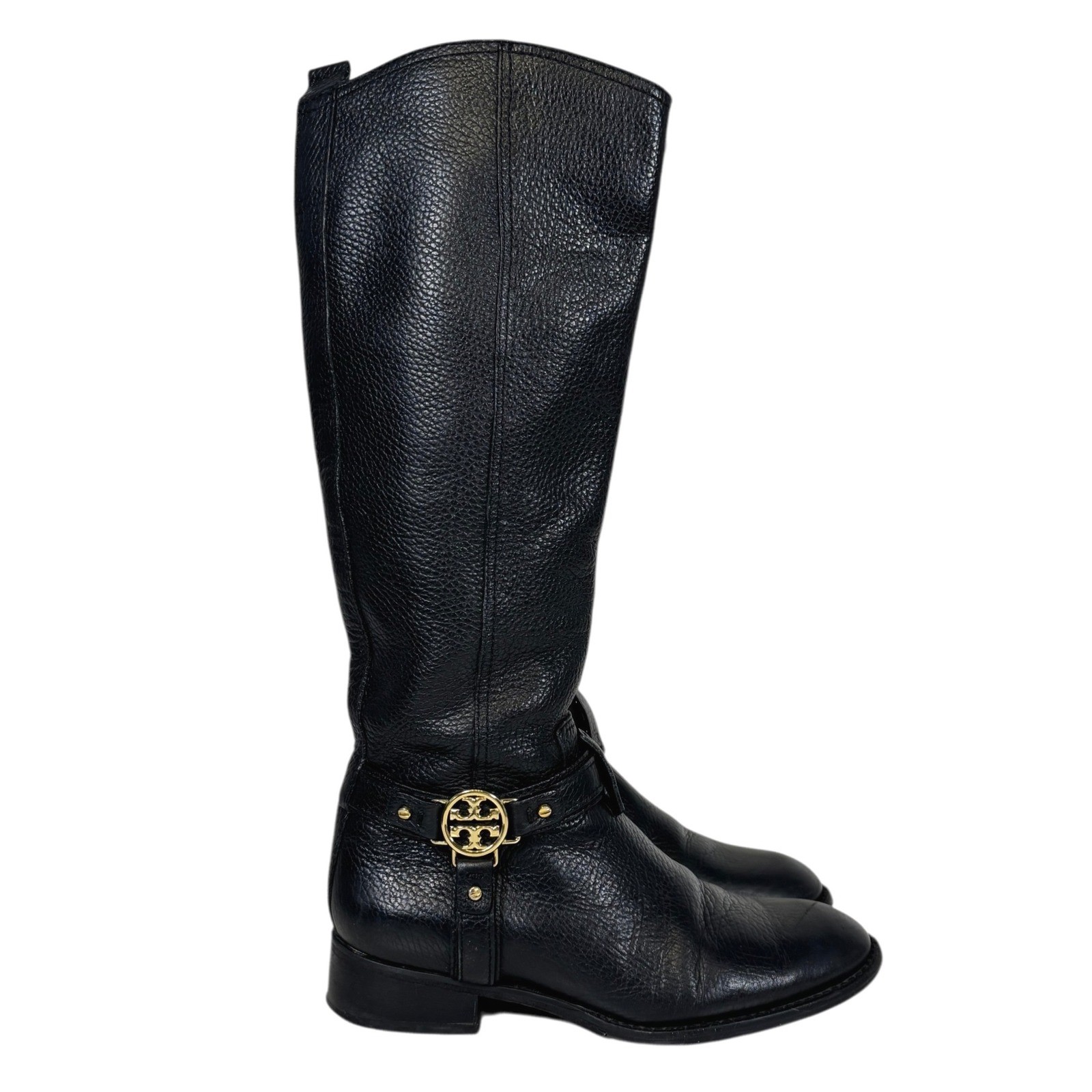 Tory Burch Women's Size 5M Black Leather Riding Boots Gold Logo Buckle Knee High