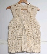 Vintage Crochet Ivory Sleeveless Button Front Vest Size Large